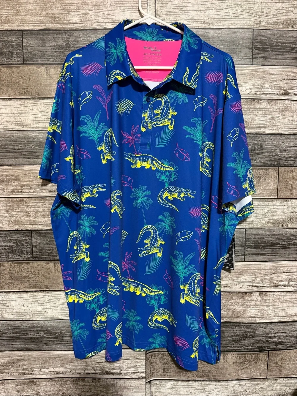 Birdie Bound Polo Shirt Men’s 3XL Blue Palm Tree Crocodile Alligator Floral Golf